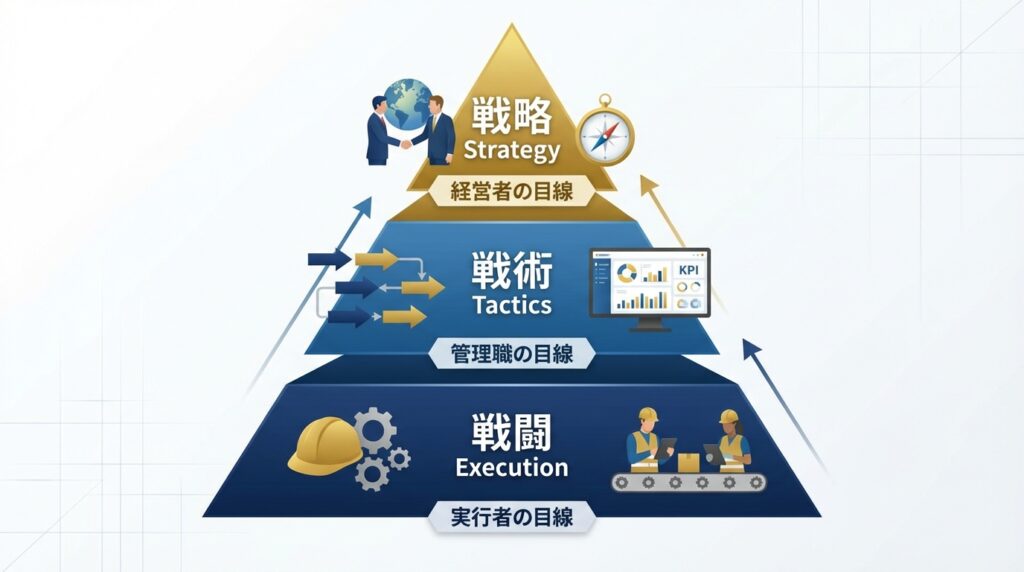 「戦略・戦術・戦闘」の三層構造図