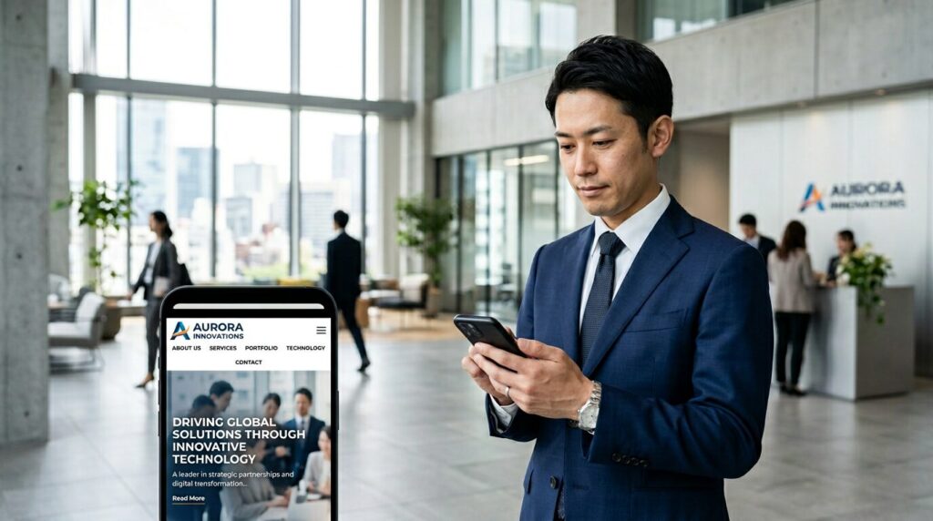 担当者が商談前にスマートフォンで取引先のホームページを確認している場面